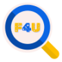 Logotipo de lupa com a borda azul e cabo em amarelo. Com o escrito "F4U" no centro da lupa.